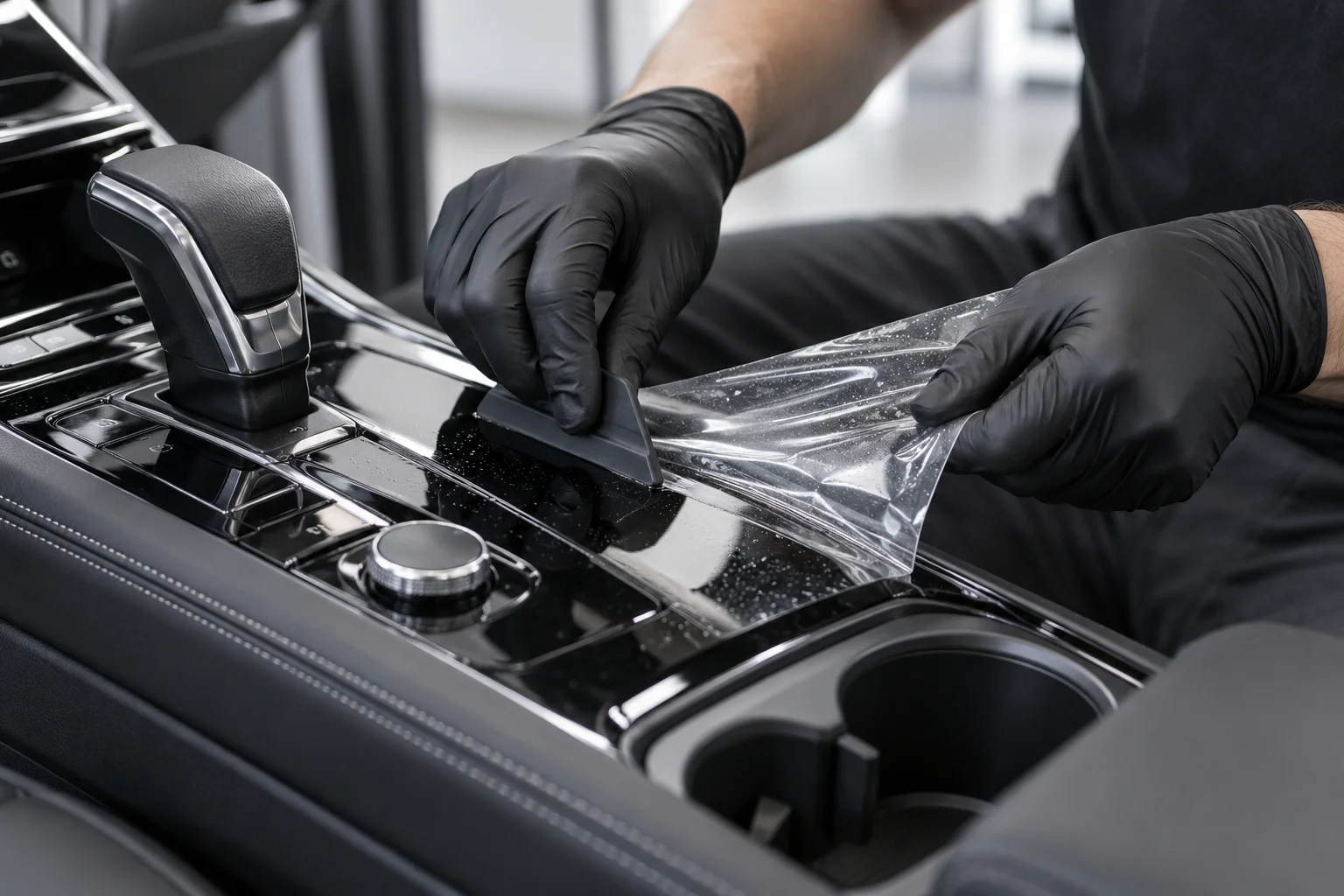 Close-up of a modern car center console with gloved hands applying a thin clear protective film to the glossy black console panel, no dashboard screens with readable text.