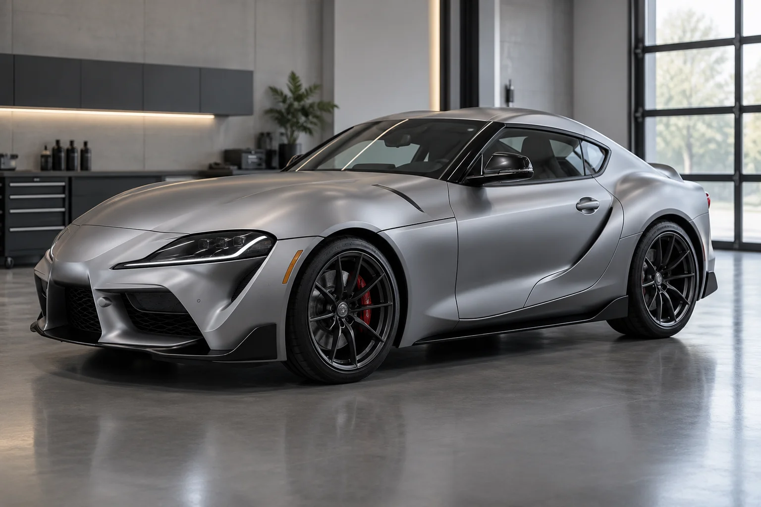 A matte silver performance coupe with satin paint-protection film, side three-quarter view with soft diffused reflections emphasizing the satin finish.