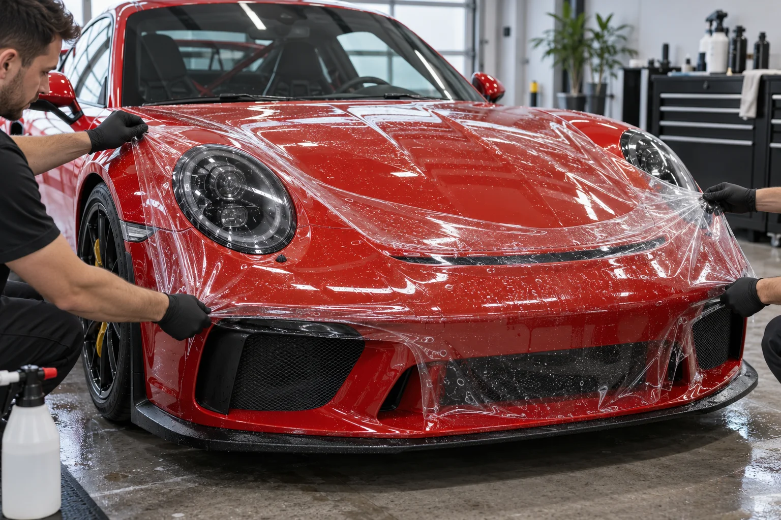 A red track-day coupe in a garage, close view of transparent temporary protective film being laid across the front bumper and hood, visible removable film edge, no racing numbers.
