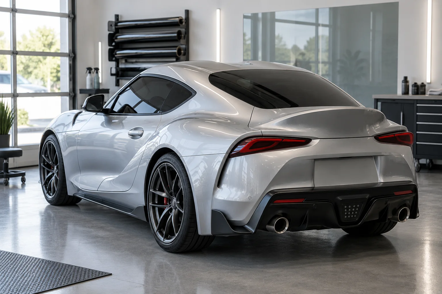 Rear three-quarter view of a silver sports coupe with uniformly tinted side and rear windows in a clean window-film installation bay, glass is the clear compositional focus.