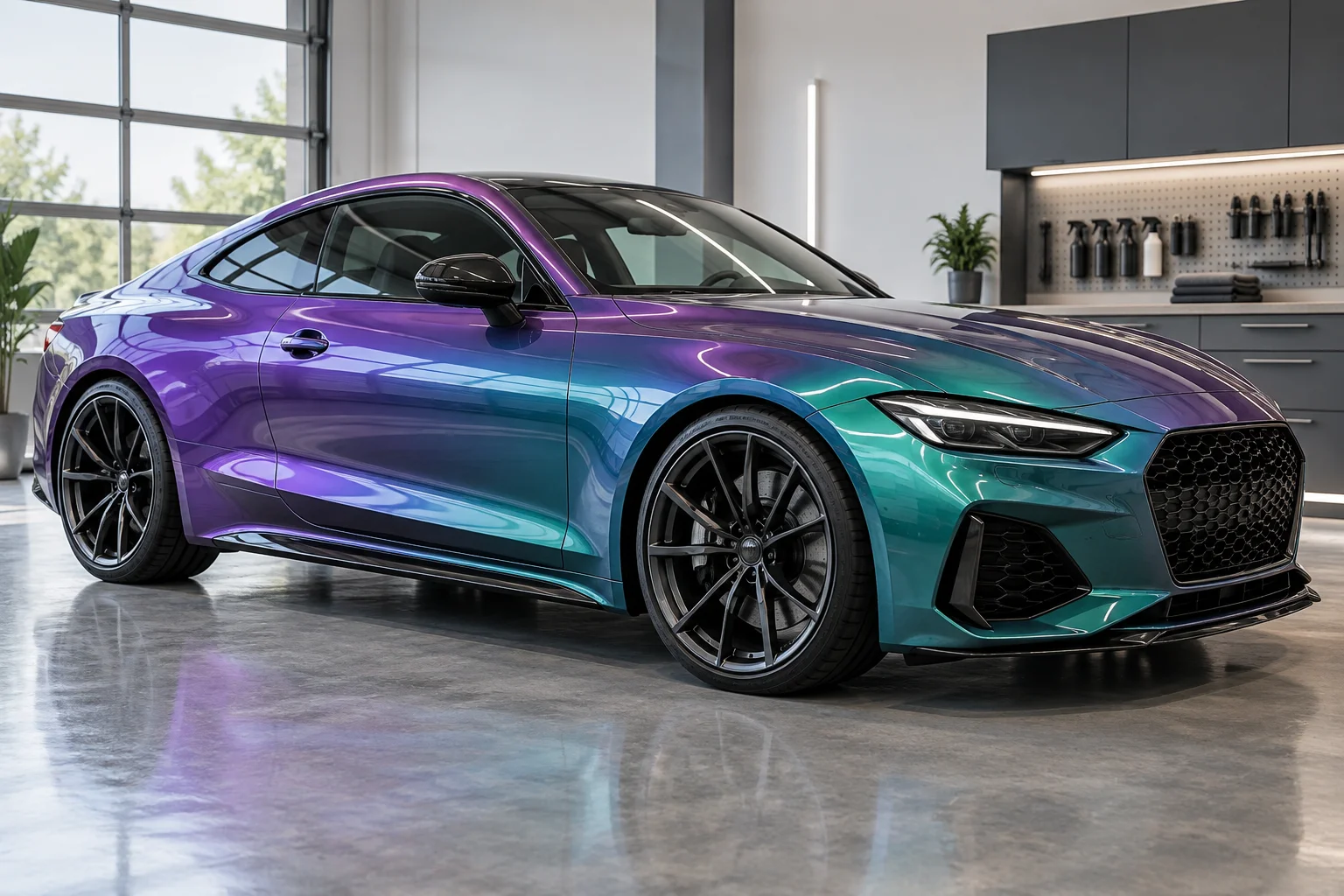 A performance coupe wrapped in iridescent chameleon vinyl shifting clearly from purple to teal across its curves, side three-quarter view.