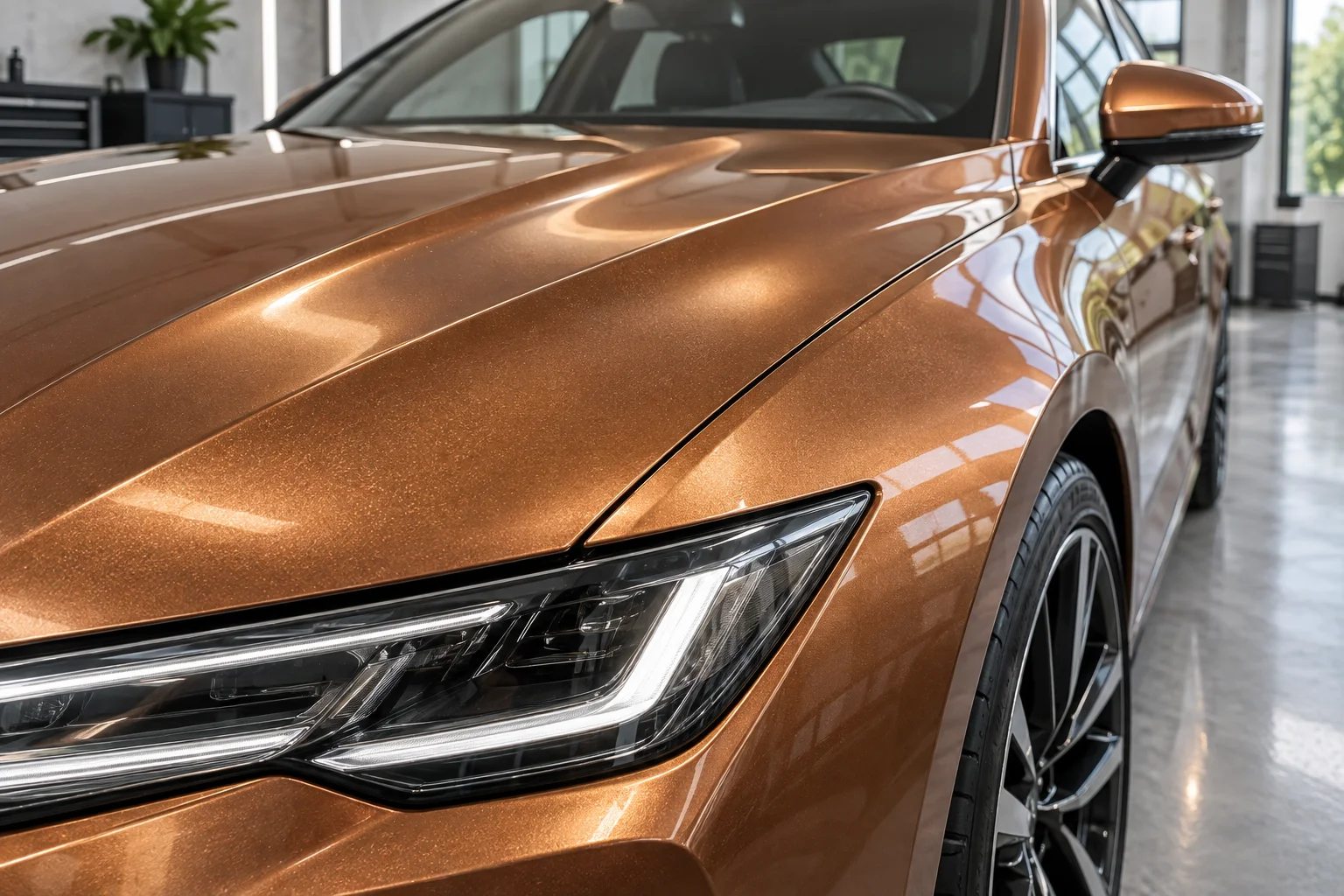 Close view of the hood and fender of a copper bronze metallic vinyl-wrapped car, fine metallic flakes and rich reflected highlights visible.