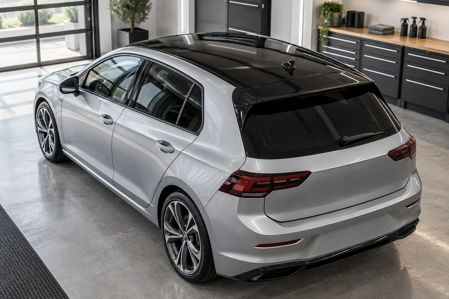 An elevated rear three-quarter view of a silver hatchback with a contrasting gloss black vinyl-wrapped roof, silver body retained, show roof clearly.