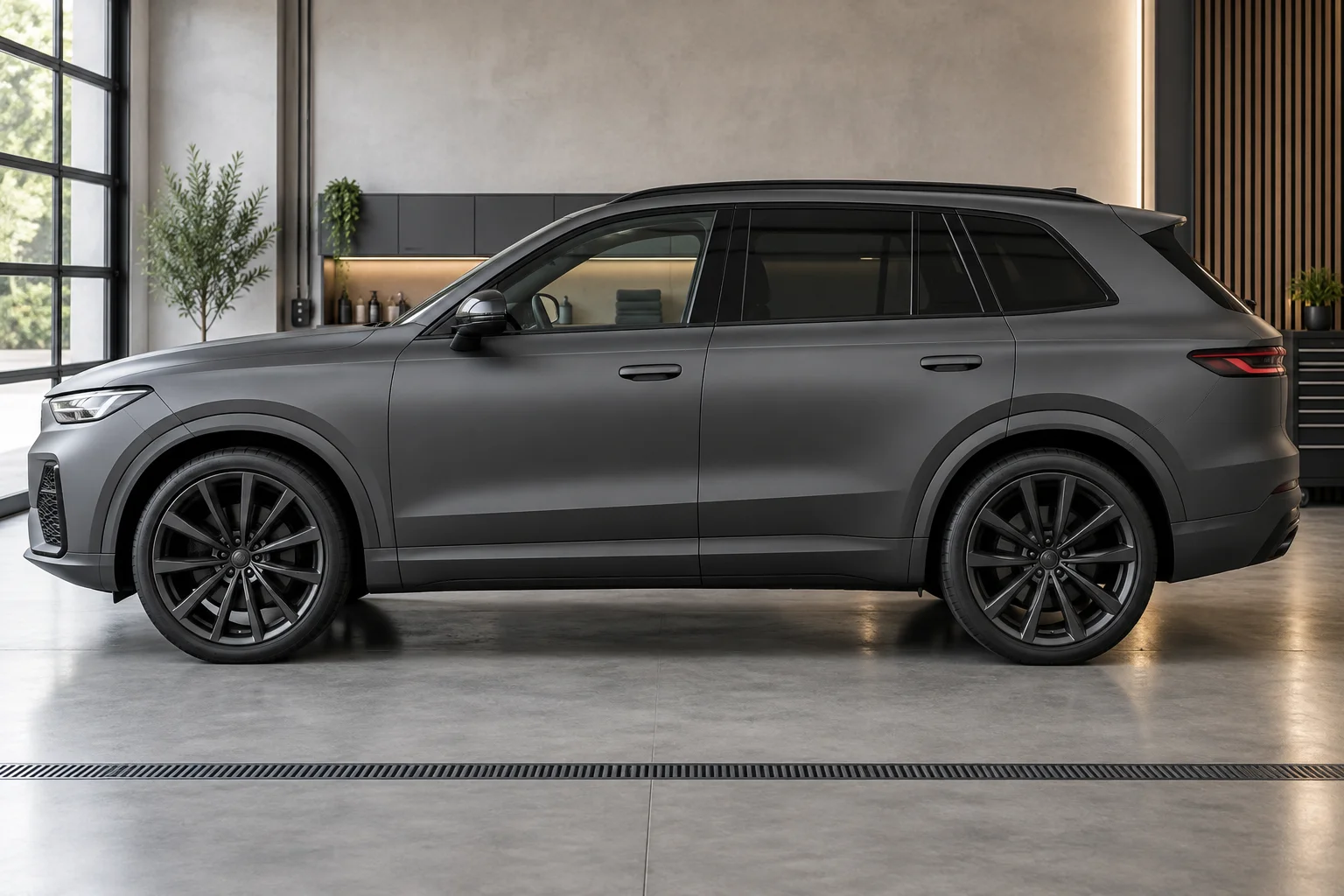 A satin charcoal gray luxury SUV with a beautifully uniform matte vinyl wrap, broad side view emphasizing the non-gloss finish.